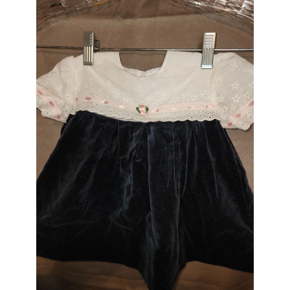 Vintage Christian Dior Enfant Baby Girl Navy Velvet Lace Dress 15-18 Months USA